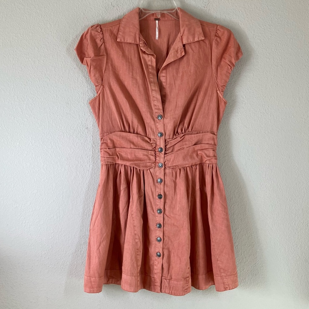 FREE PEOPLE Denim Boho Mini Shirt Dress M Fit & Flare Summer Festival Beach - Picture 2 of 16